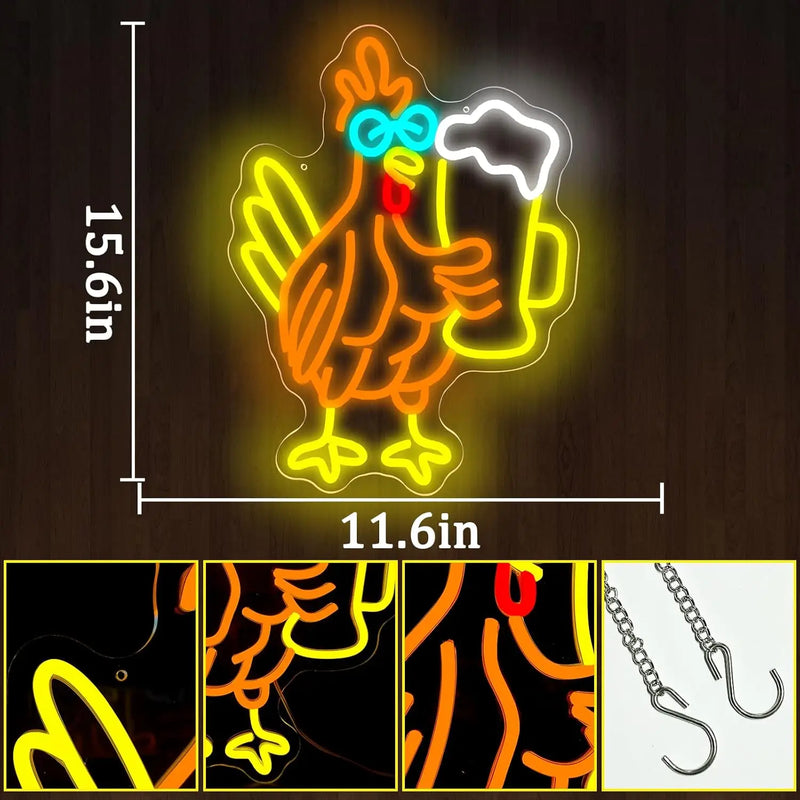 Néon LED coq et chope de bière, USB réglable, 2 tailles
