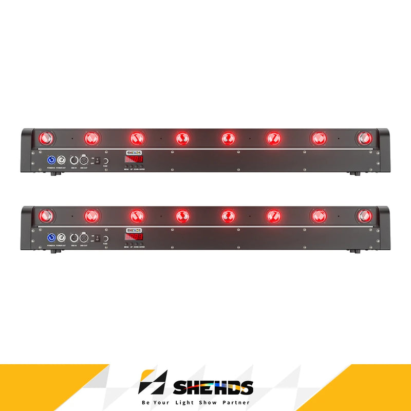 Barre LED à tête mobile 8 x 12 W – deux barres vues de face, LED allumées en rouge