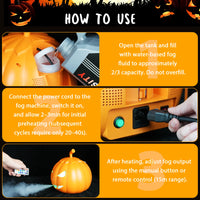 Machine à fumée citrouille 600 W à 6 LED RGB pour Halloween, télécommande sans fil