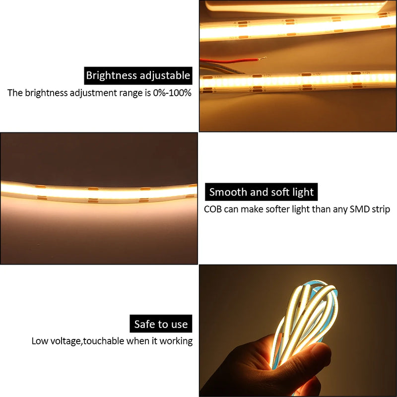 Ruban LED COB CCT 5 m – ruban COB flexible, lumière douce et intensité réglable de 0 à 100 %