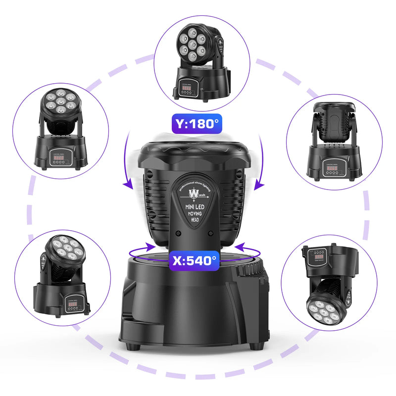 Lot de 2 mini lyres LED wash 7 x 15 W – rotation de la tête, 540° en panoramique et 180° en inclinaison
