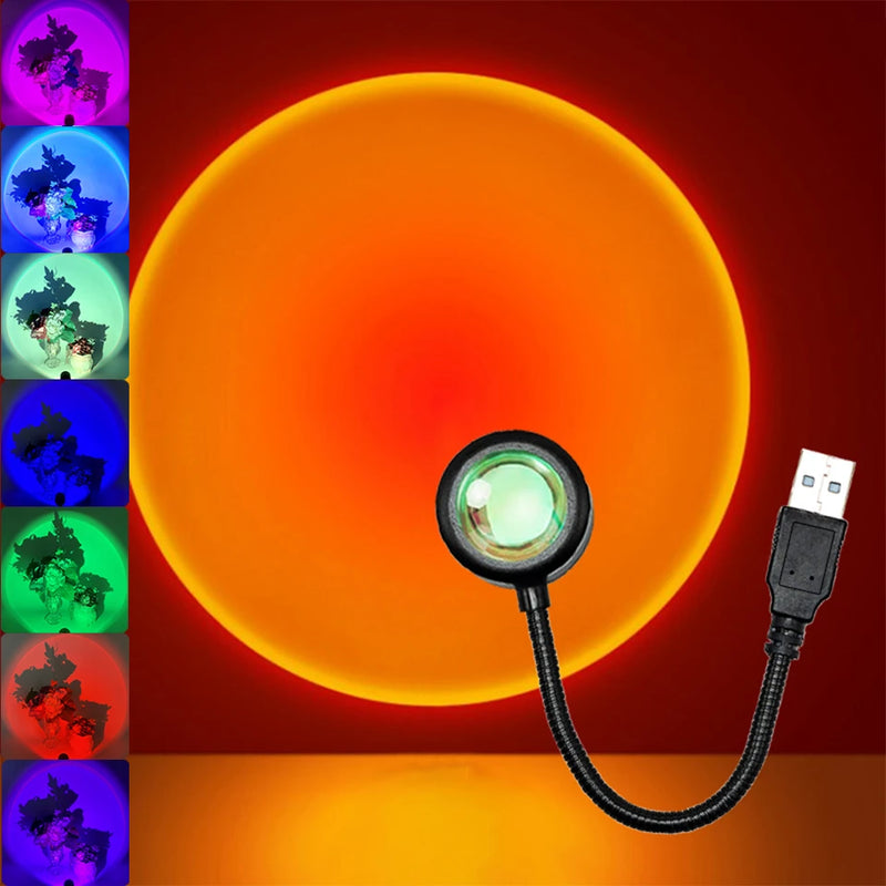 Lampe coucher de soleil USB – halo rouge orangé sur le mur et sept teintes en vignettes