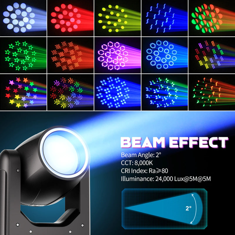 Lot de 4 lyres beam LED 200 W, anneau RGB, 11 gobos, prisme 18 facettes, DMX