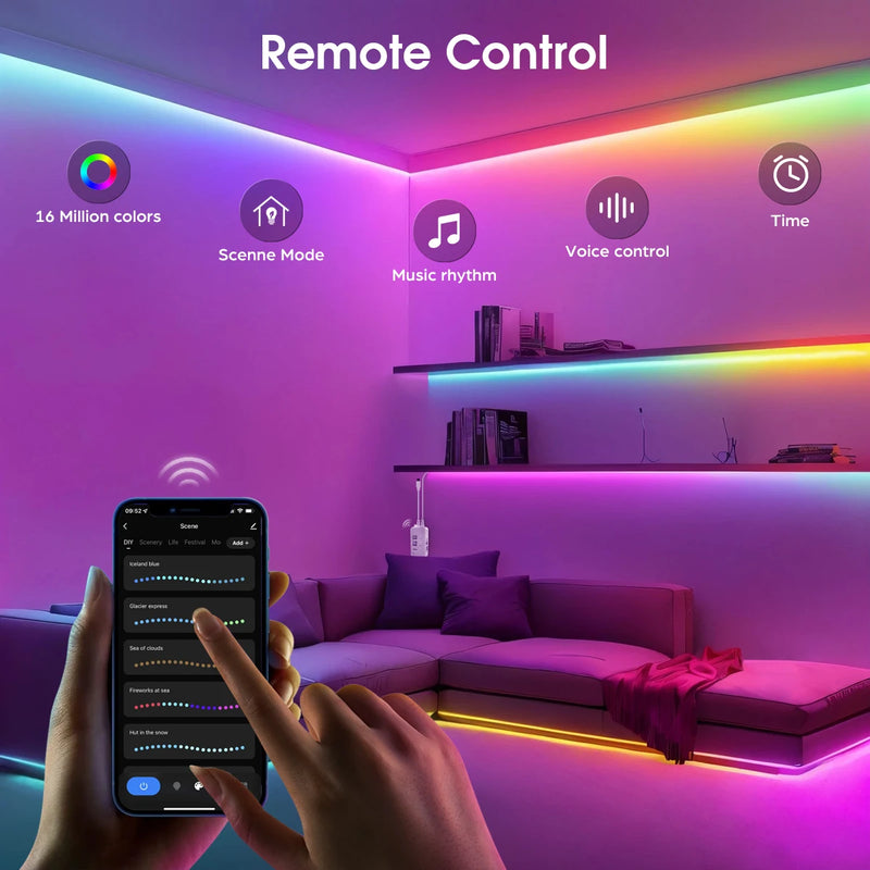 Ruban LED RGBIC COB connecté Wi-Fi – télécommande, scènes, rythme musical, commande vocale et minuterie