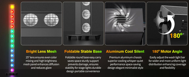 Barre LED pixel COB RGBW – grille en maille, base pliable et rotation du support