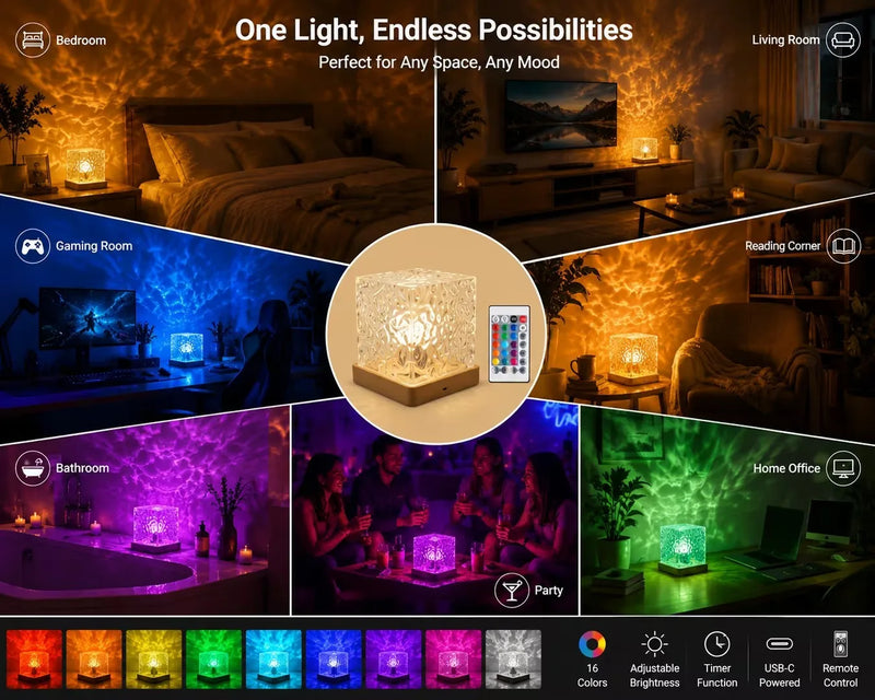 Lampe cube à ondulations d'eau – cube lumineux et ses usages : chambre, salon, coin lecture, jeu, salle de bain, soirée