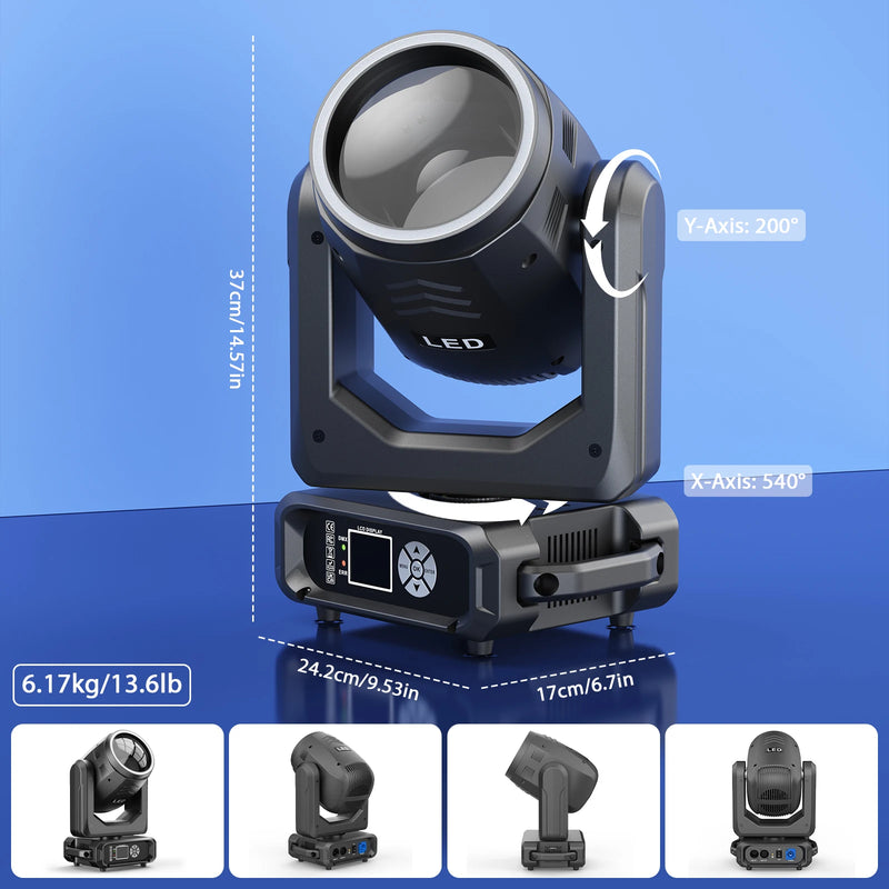 Lyre LED 200 W à anneau arc-en-ciel – dimensions, poids de 6,17 kg et rotation de 540° et 200°