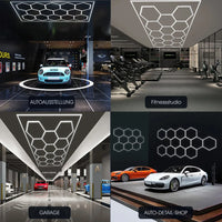 Kit éclairage 14 hexagones – usages en exposition automobile, salle de sport, garage et détailing