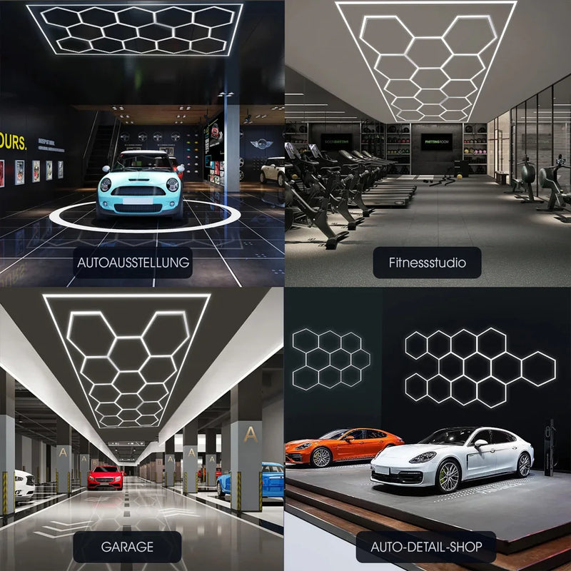Kit éclairage 14 hexagones – usages en exposition automobile, salle de sport, garage et détailing