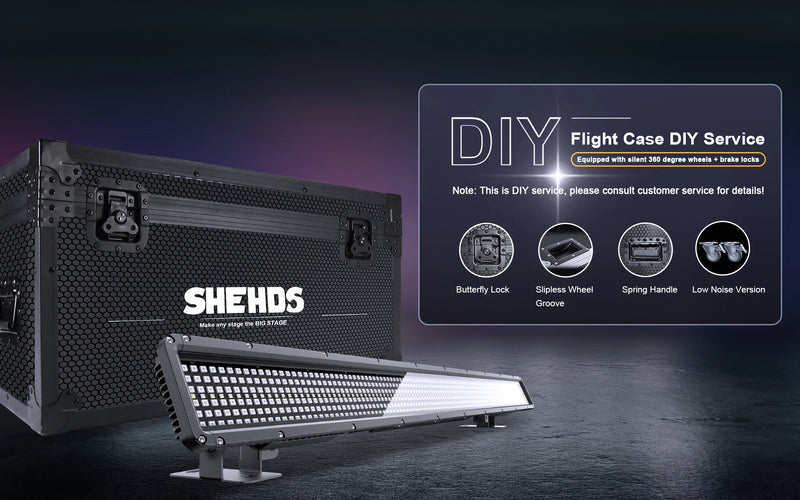 Barre stroboscope LED IP65 250 W – barre devant un flight case