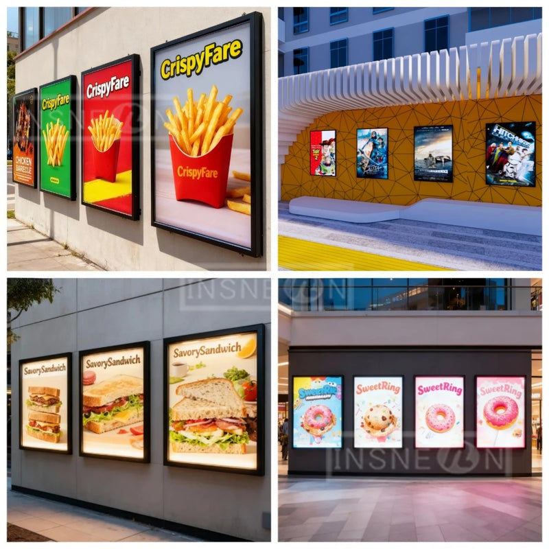 Caisson lumineux LED mural – caissons sur des façades et dans un centre commercial, quatre mises en situation