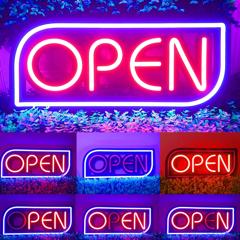 Panneau lumineux OPEN – lettres magenta et six couleurs de cadre