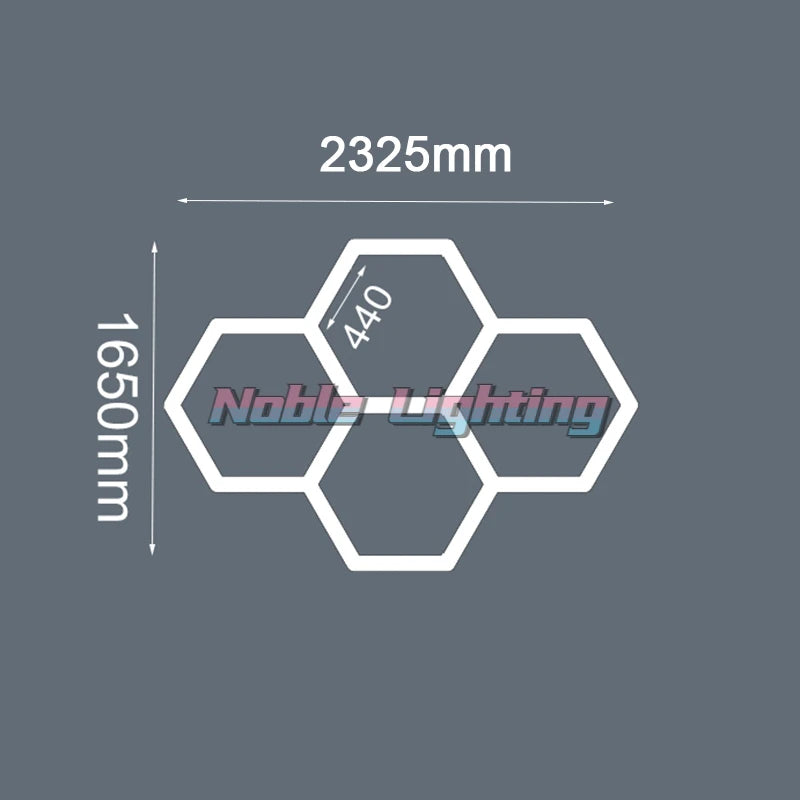 Plafonnier LED hexagonal – schéma du format 4 hexagones, 232,5 x 165 cm