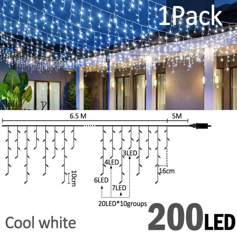 Guirlande stalactite LED – version blanc froid de 6,5 m, 200 LED