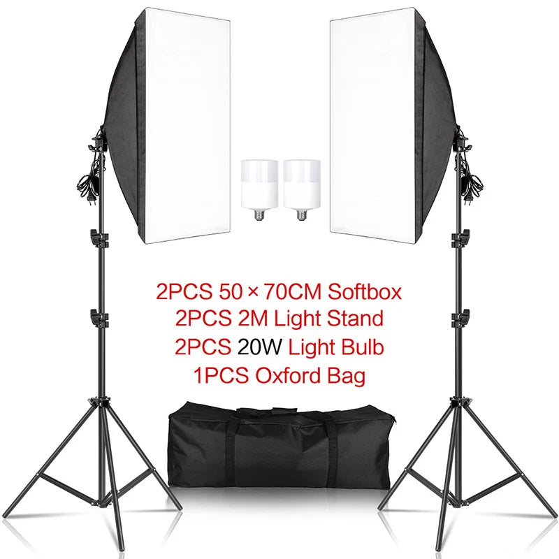 Kit éclairage continu softbox 50x70 cm – kit à 2 softbox avec 2 ampoules LED 20 W et sac