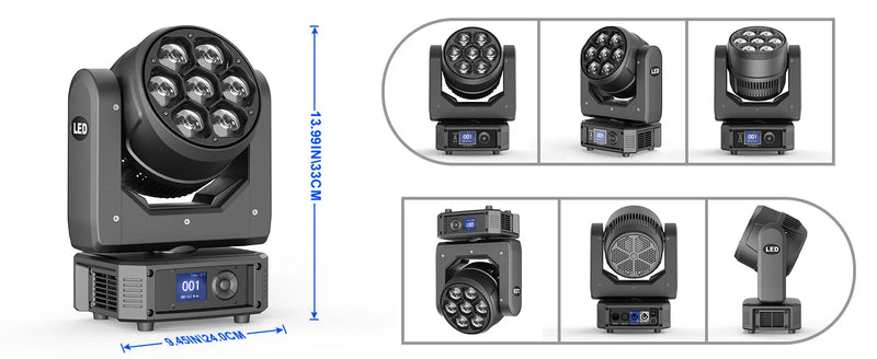 Mini lyre LED œil d'abeille – dimensions et vues sous six angles
