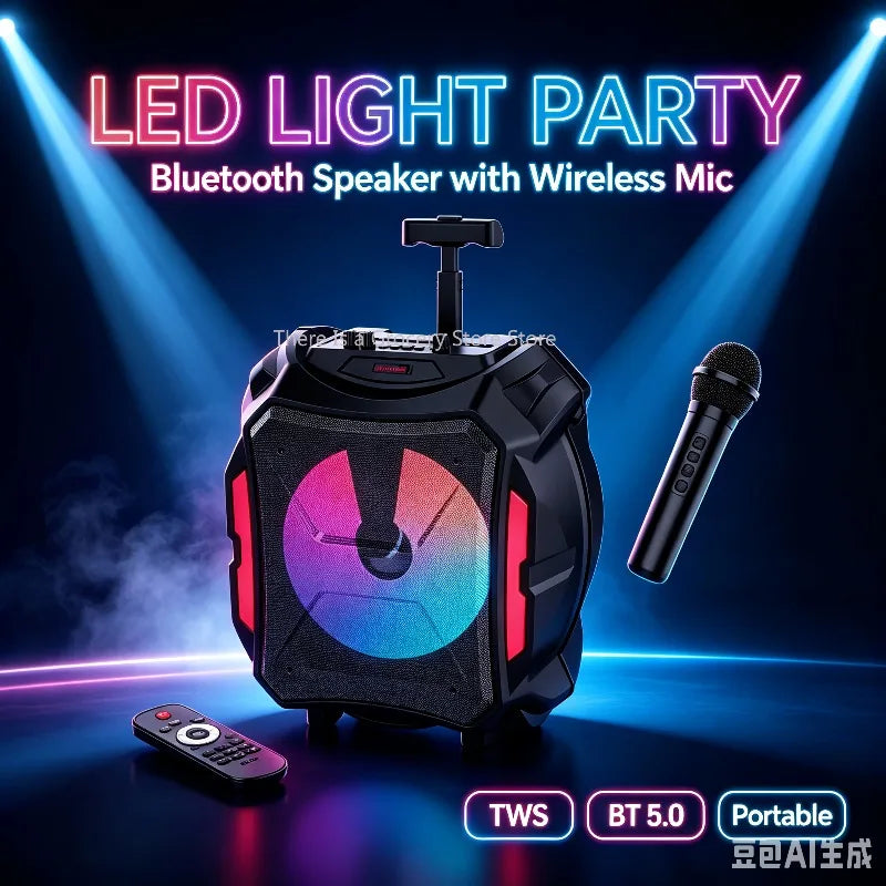 Enceinte karaoké lumineuse – micro sans fil et télécommande sous éclairage LED
