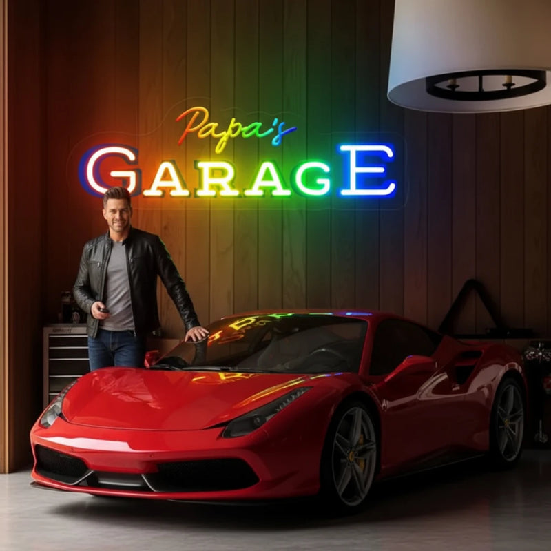 Enseigne néon Garage avec nom personnalisé, 40 à 100 cm