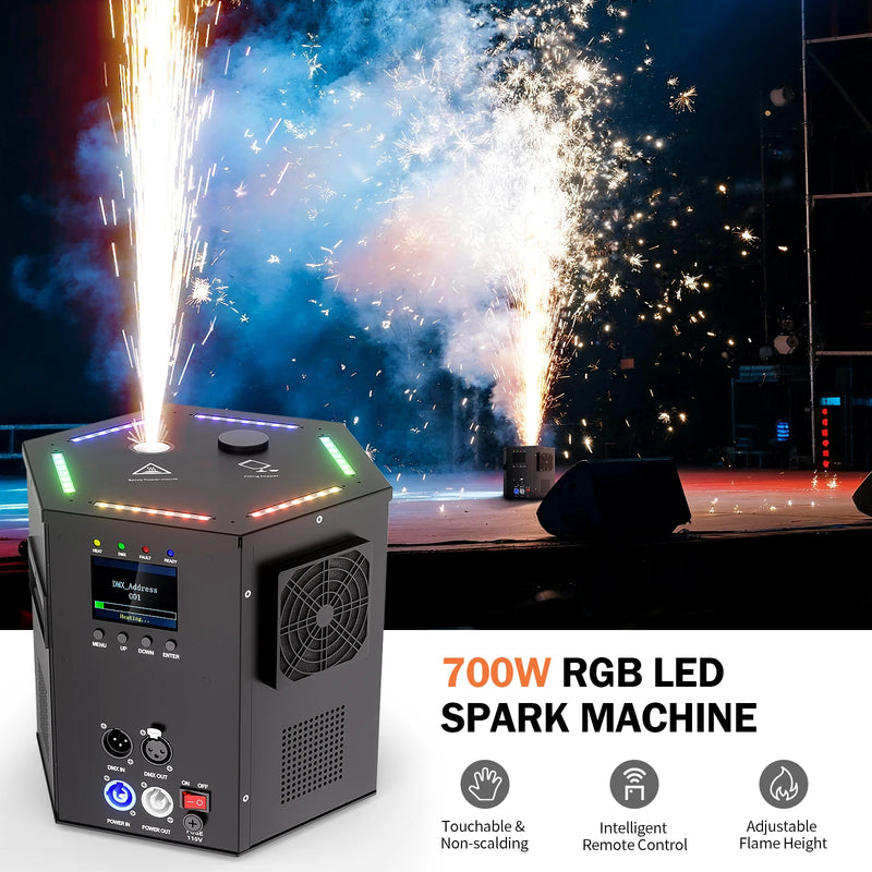 Machine à étincelles froides 700 W – machine en marche avec un jet d'étincelles devant une scène