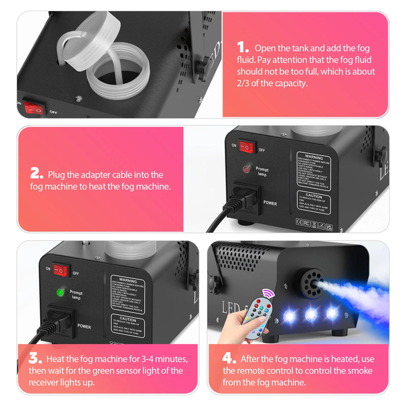 Machine à fumée 500 W à 3 LED RGB, télécommande sans fil et réservoir de 260 ml