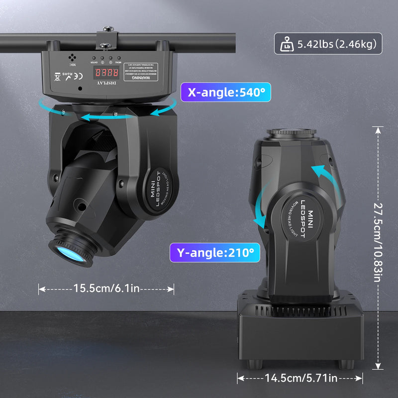 Mini lyre LED spot 120 W – dimensions et angles de rotation de la tête