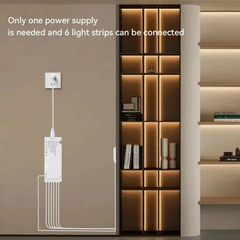 Ruban LED COB sous armoire – un seul boîtier d'alimentation pour six rubans dans une bibliothèque