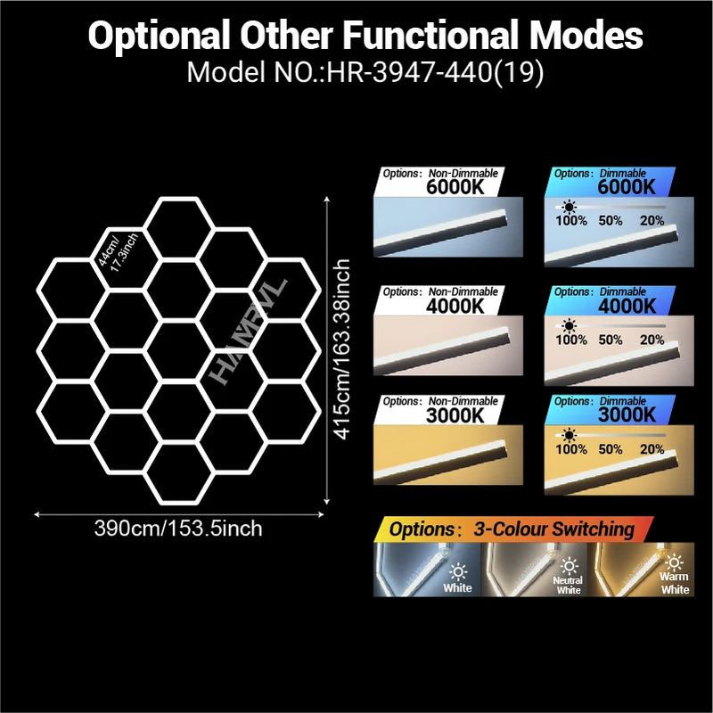 Éclairage LED hexagonal garage modulable, 1 à 25 hexagones, cadres et chevrons