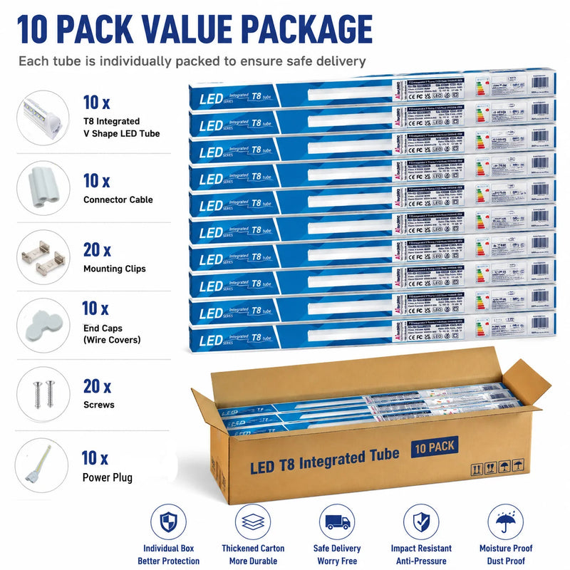 Lot de 10 tubes LED en V T8 de 60 à 240 cm pour garage et atelier
