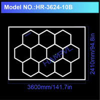 Plafonnier hexagonal LED – modèle de 10 hexagones avec cadre, 360 x 241 cm
