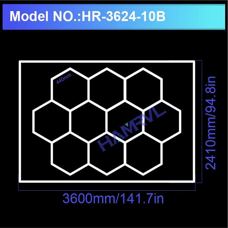 Plafonnier hexagonal LED – modèle de 10 hexagones avec cadre, 360 x 241 cm