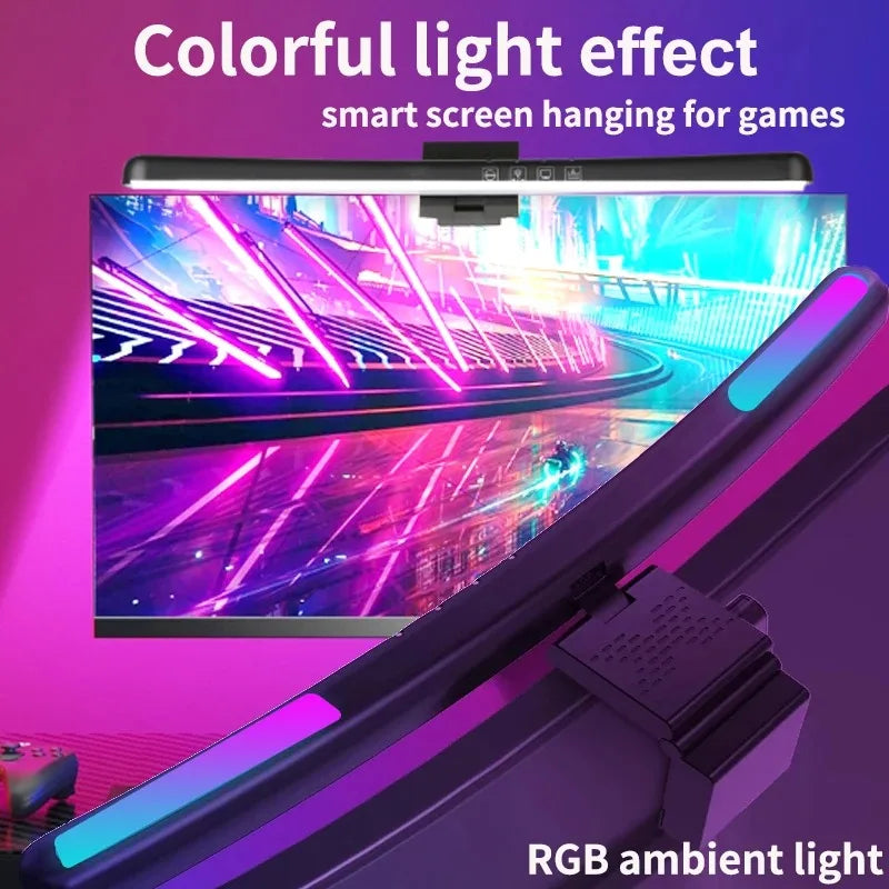 Lampe d'écran gaming suspendue – effet de lumière coloré au-dessus d'un écran de jeu