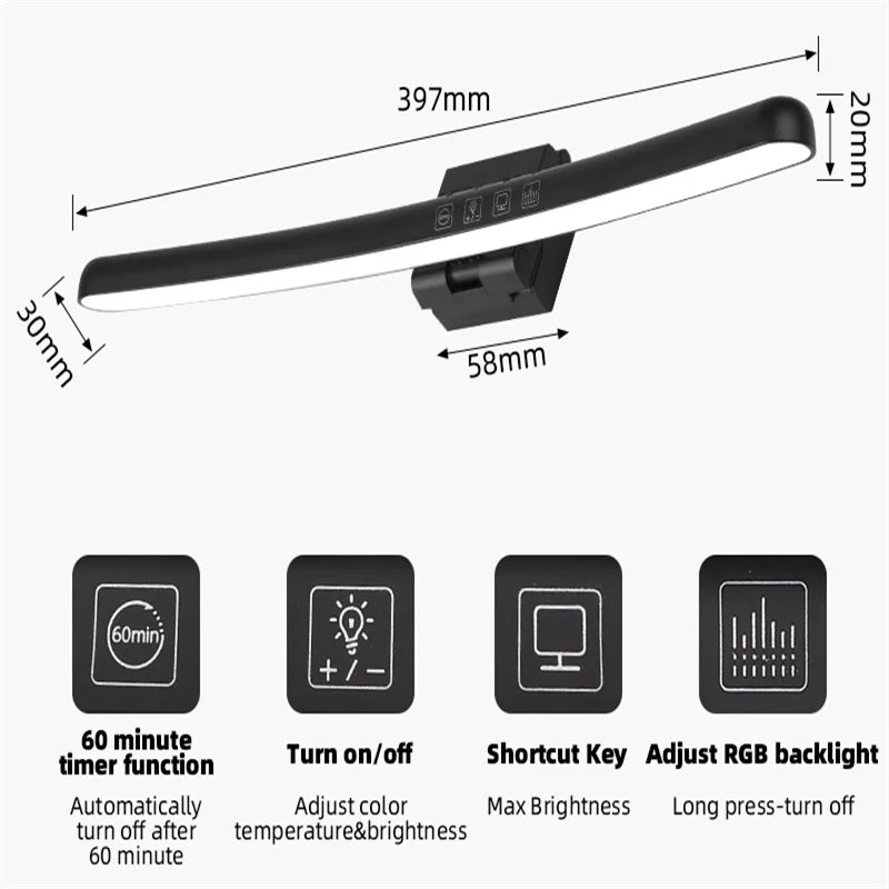 Barre lumineuse écran PC – barre incurvée de 397 mm avec minuterie de 60 minutes