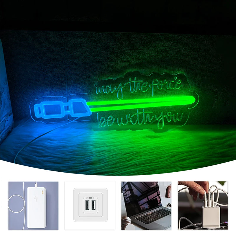 Néon sabre laser – enseigne allumée et sources USB possibles : batterie externe, prise murale, ordinateur, chargeur