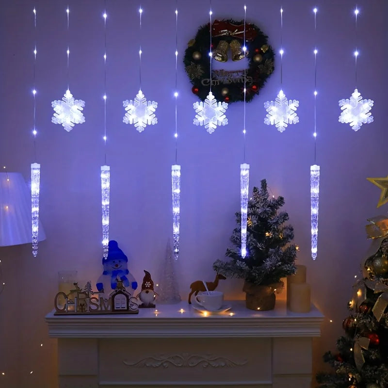 Rideau lumineux flocons et glaçons de Noël, USB, télécommande, 8 modes, 3 m