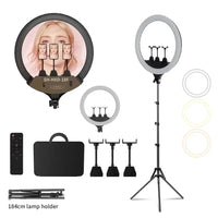 Ring light 18 pouces – anneau avec mallette, télécommande, supports de téléphone et trépied de 184 cm