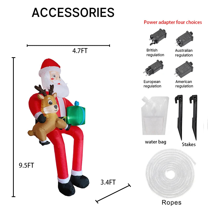 Père Noël gonflable géant 2,9 m avec renne, cadeau et LED