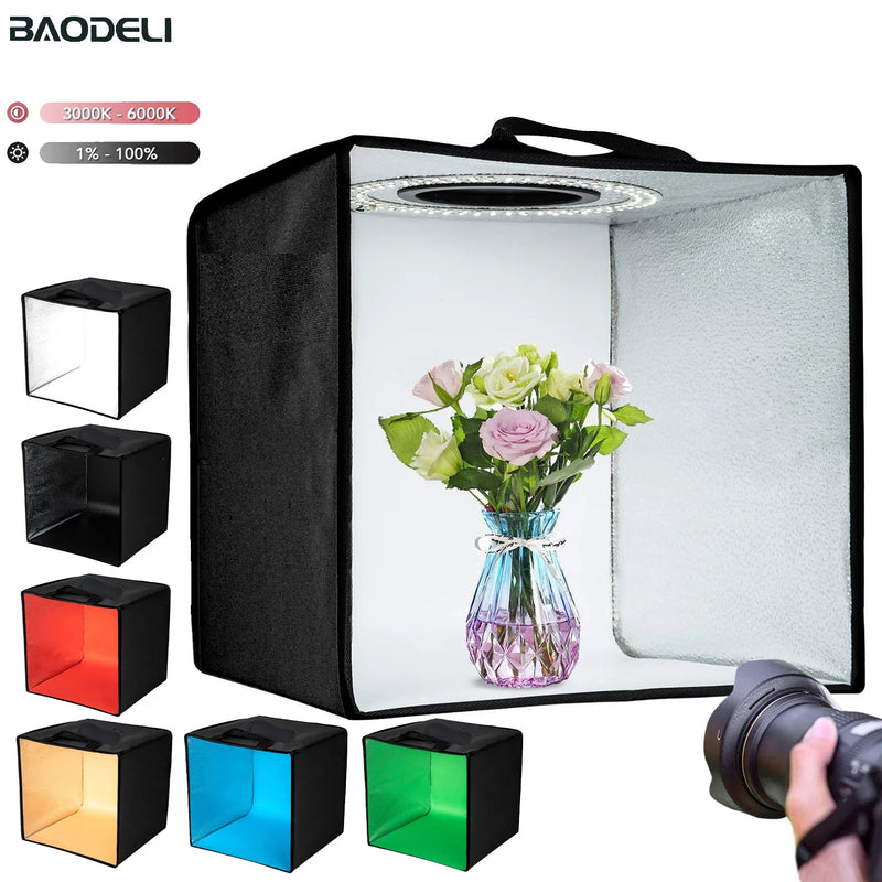 Boîte à lumière photo 30 cm pliable, LED à variateur, 6 fonds de couleur