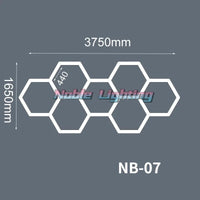 Plafonnier LED hexagonal – schéma du format 7 hexagones, 375 x 165 cm