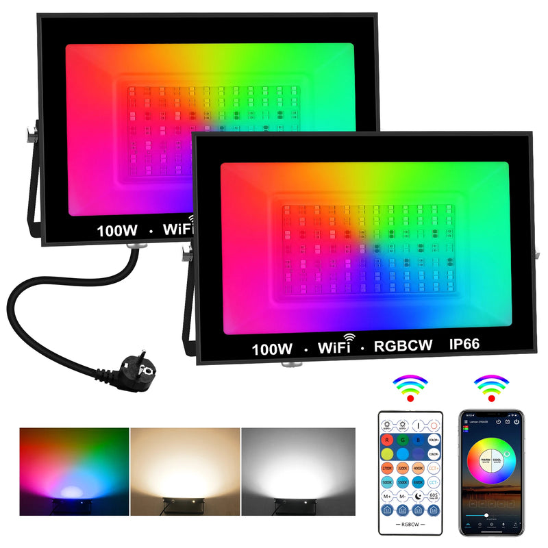 Projecteur LED extérieur ultra-mince 100 W RGB et blanc, télécommande et application