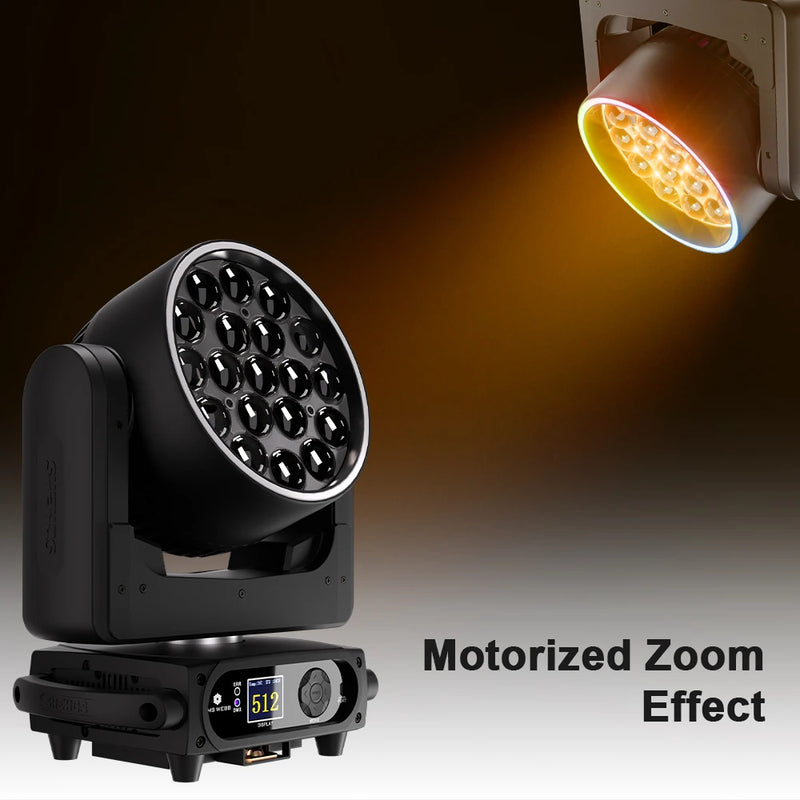 Lyre LED zoom wash 19 LED RGBW – zoom motorisé et faisceau jaune à anneau lumineux