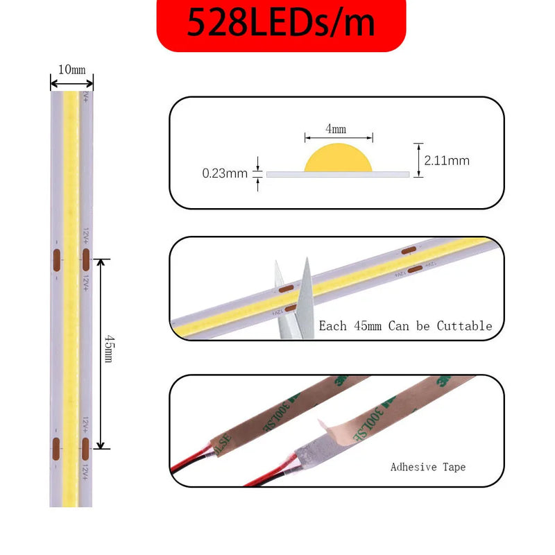 Ruban LED FCOB blanc – schéma de la version 528 LED/m, découpe tous les 45 mm
