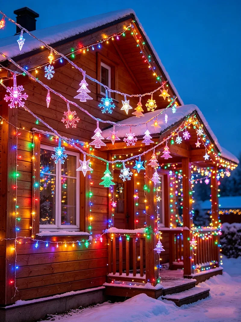 Guirlande lumineuse extérieur Noël à motifs – chalet enneigé décoré de la guirlande multicolore