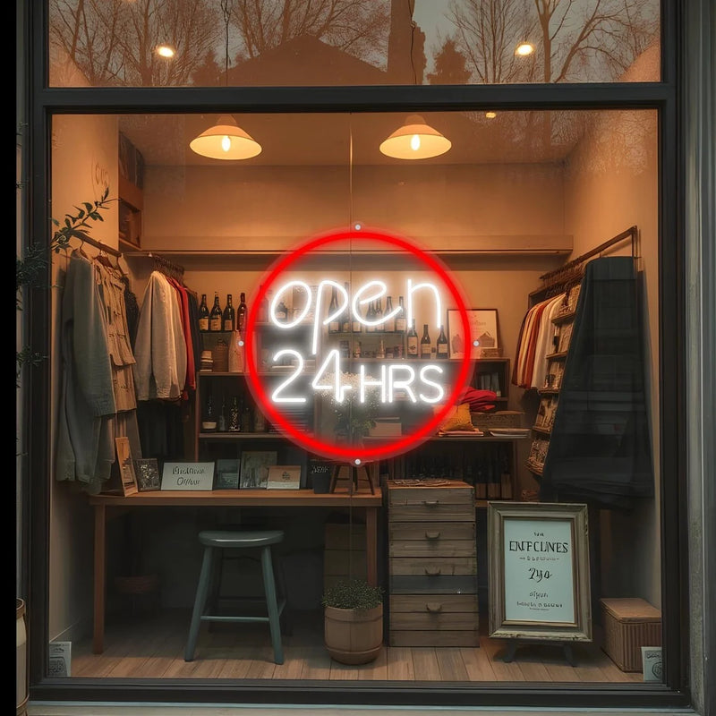 Panneau OPEN 24 HRS en néon LED – cercle rouge, vue de la vitrine