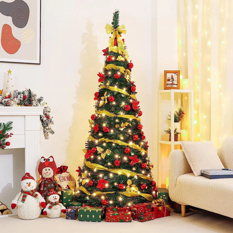 Petit sapin lumineux pop-up 120 cm avec LED, rubans et fleurs de Noël