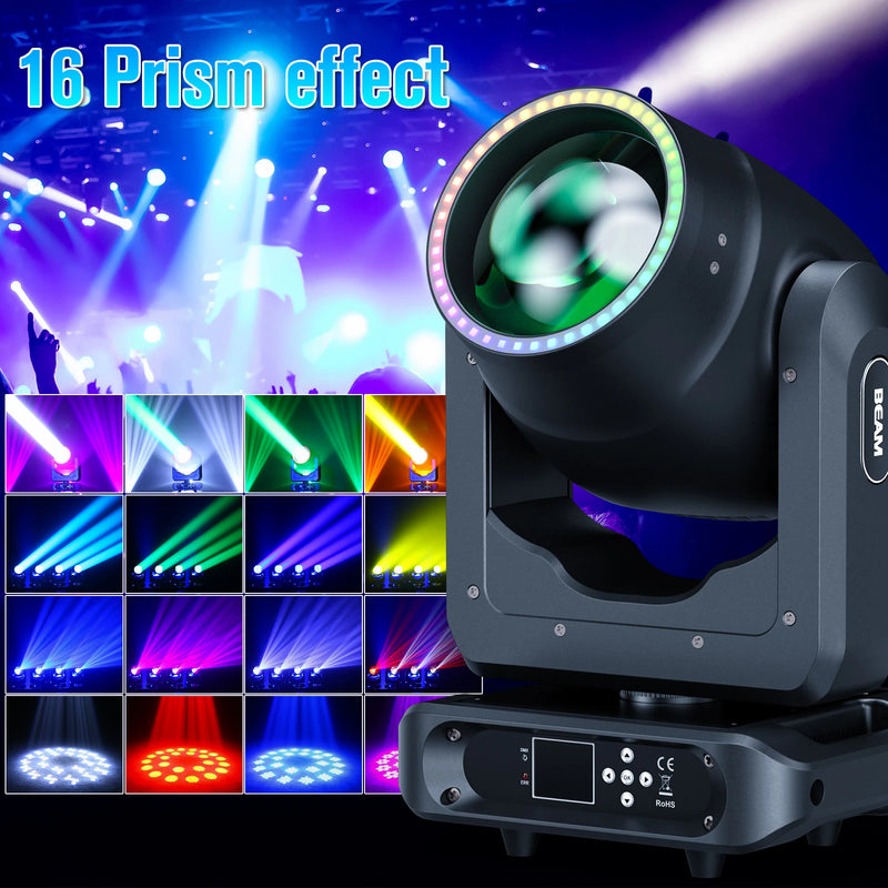 Lyre beam LED 200 W à anneau RGB, 17 gobos, prismes 8 + 16, DMX 20 canaux