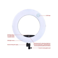 Ring light 45 cm bicolore – anneau blanc vu de face, puces LED, griffe et molettes