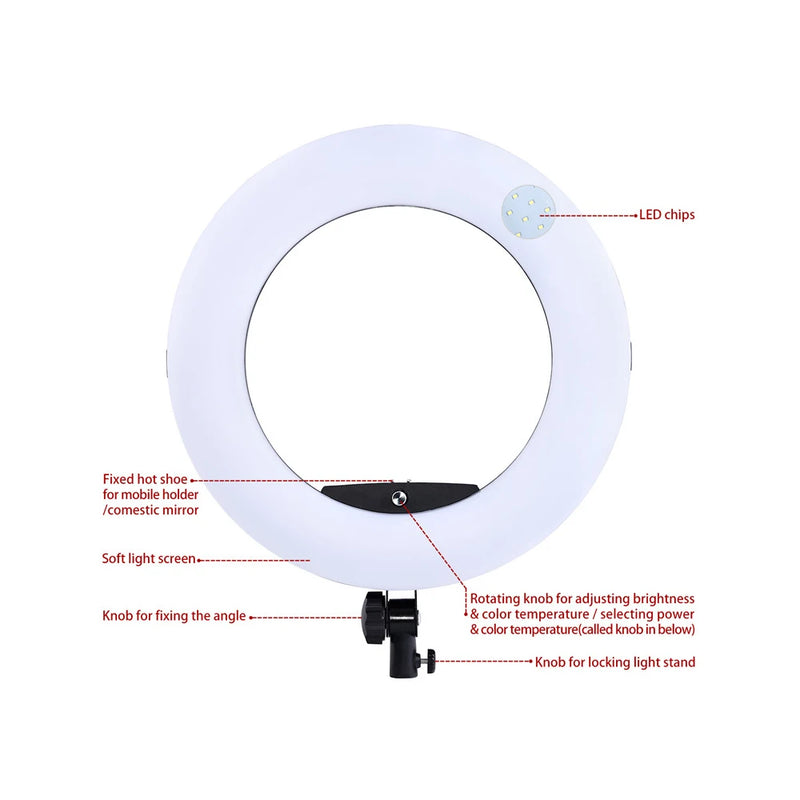 Ring light 45 cm bicolore – anneau blanc vu de face, puces LED, griffe et molettes