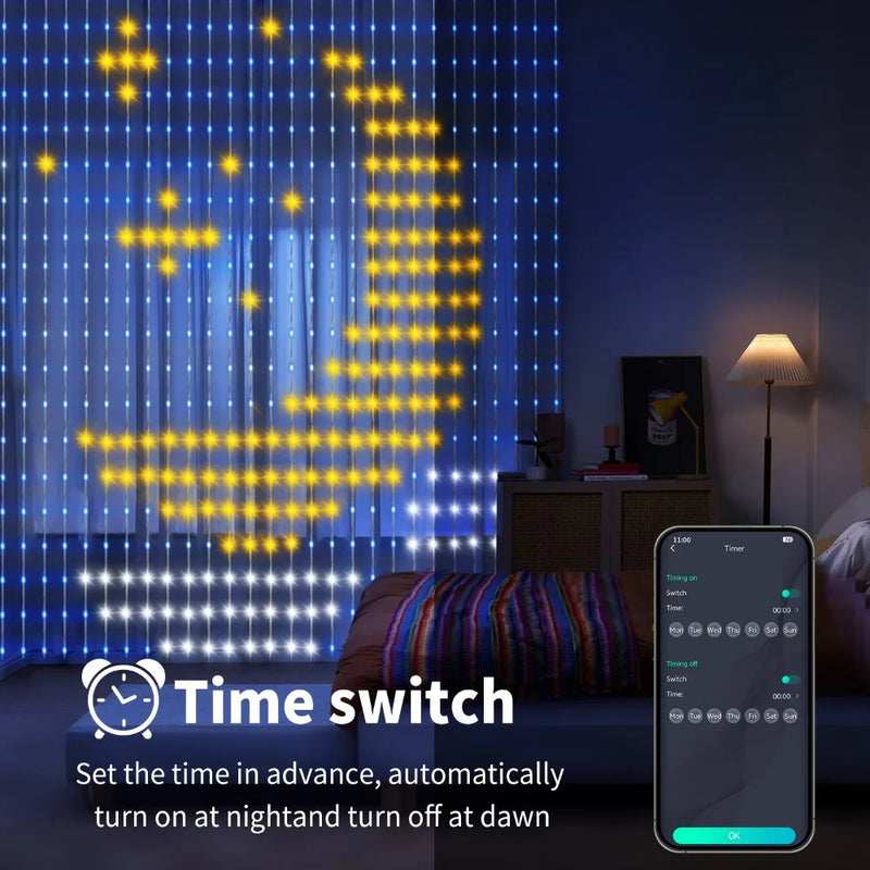 Rideau lumineux LED – motif de lune et programmation de l'allumage