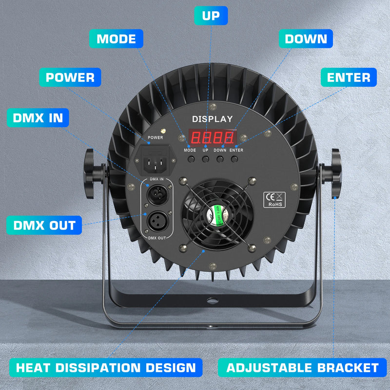 Pack de 2 projecteurs PAR LED 180 W – face arrière avec entrée et sortie DMX, afficheur, boutons, ventilateur et étrier réglable