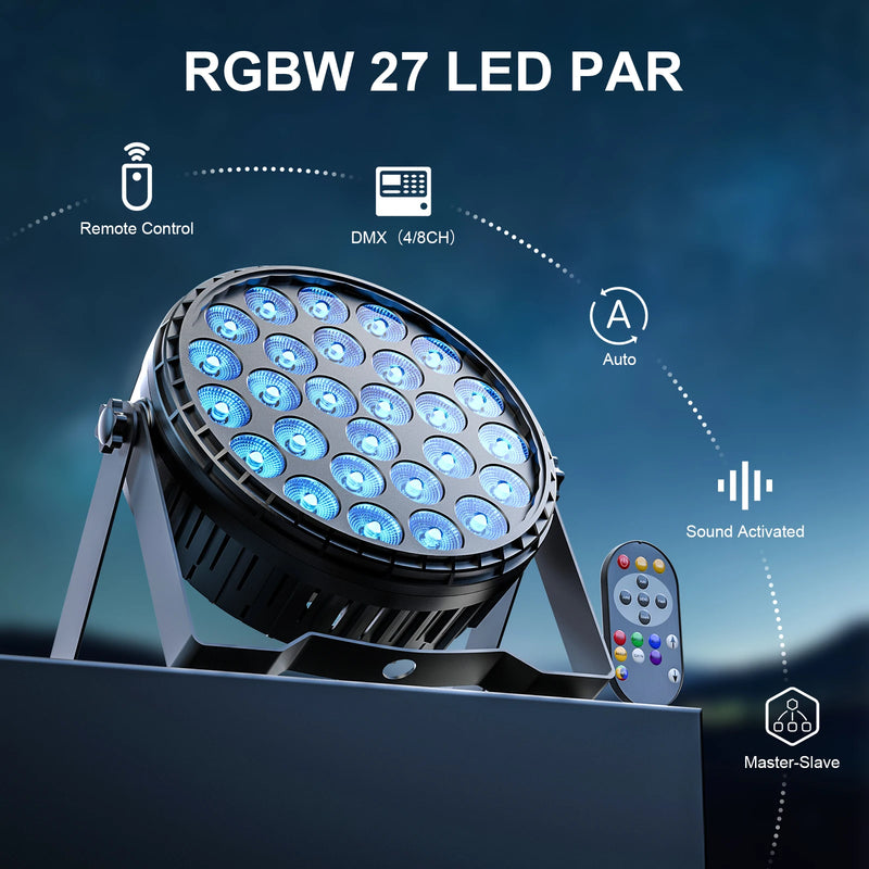 Lot de 4 projecteurs PAR LED 27 x 8 W RGBW – projecteur 27 LED, télécommande, DMX 4 ou 8 canaux, automatique, sonore et maître-esclave